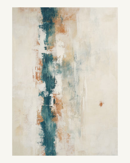 Abstrakt måleriskt motiv i vit/klarglas, pappersvitt, petroleum, bränd terrakotta. Ett brutet lodrätt färgstråk möter tunna utsuddade slöjor och en liten förskjuten accent. 40 × 50 cm.
