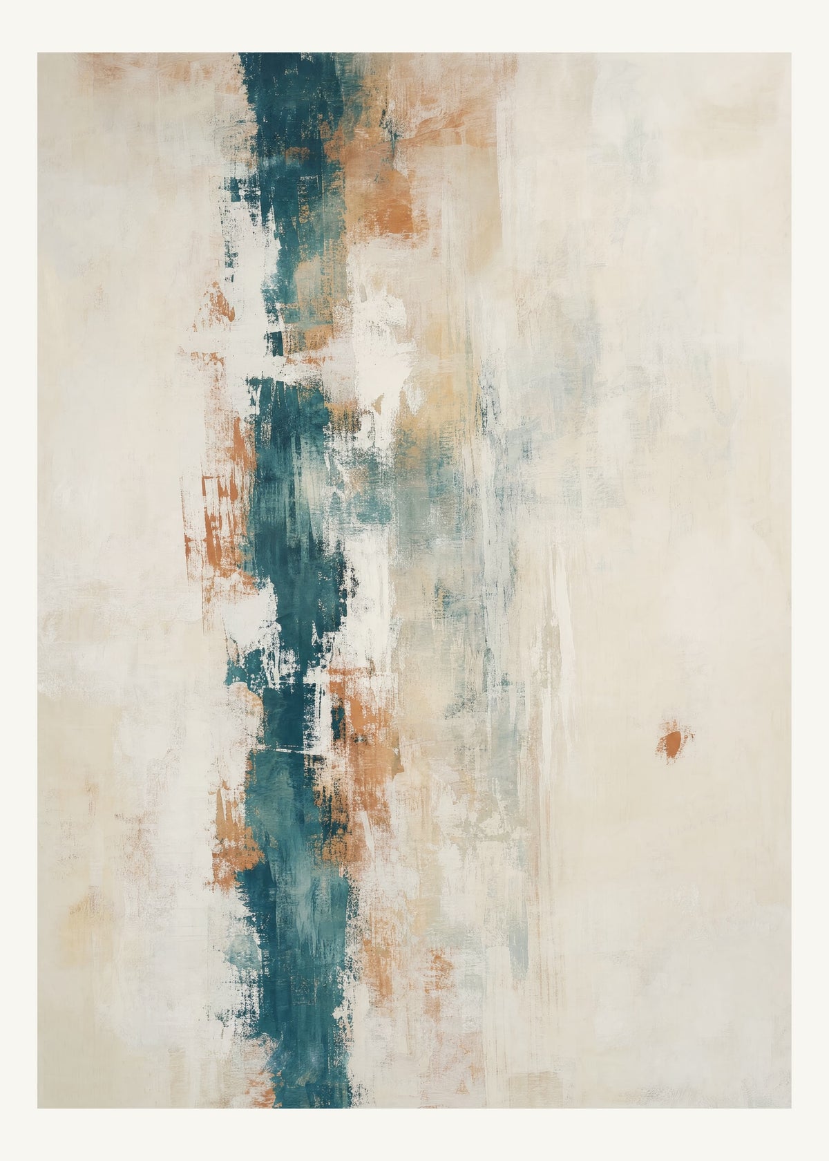 Abstrakt måleriskt motiv i vit/klarglas, pappersvitt, petroleum, bränd terrakotta. Ett brutet lodrätt färgstråk möter tunna utsuddade slöjor och en liten förskjuten accent. 50 × 70 cm.