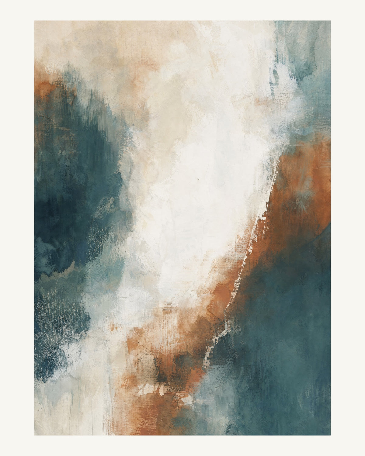 Abstrakt måleriskt motiv i vit/klarglas, pappersvitt, petroleum, bränd terrakotta. Mjuka färgfält löser upp sig kring ett ljust mellanrum, med diskreta skrapningar som ger ytan liv. 40 × 50 cm.