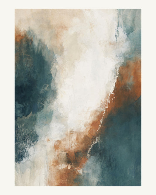 Abstrakt måleriskt motiv i vit/klarglas, pappersvitt, petroleum, bränd terrakotta. Mjuka färgfält löser upp sig kring ett ljust mellanrum, med diskreta skrapningar som ger ytan liv. 40 × 50 cm.
