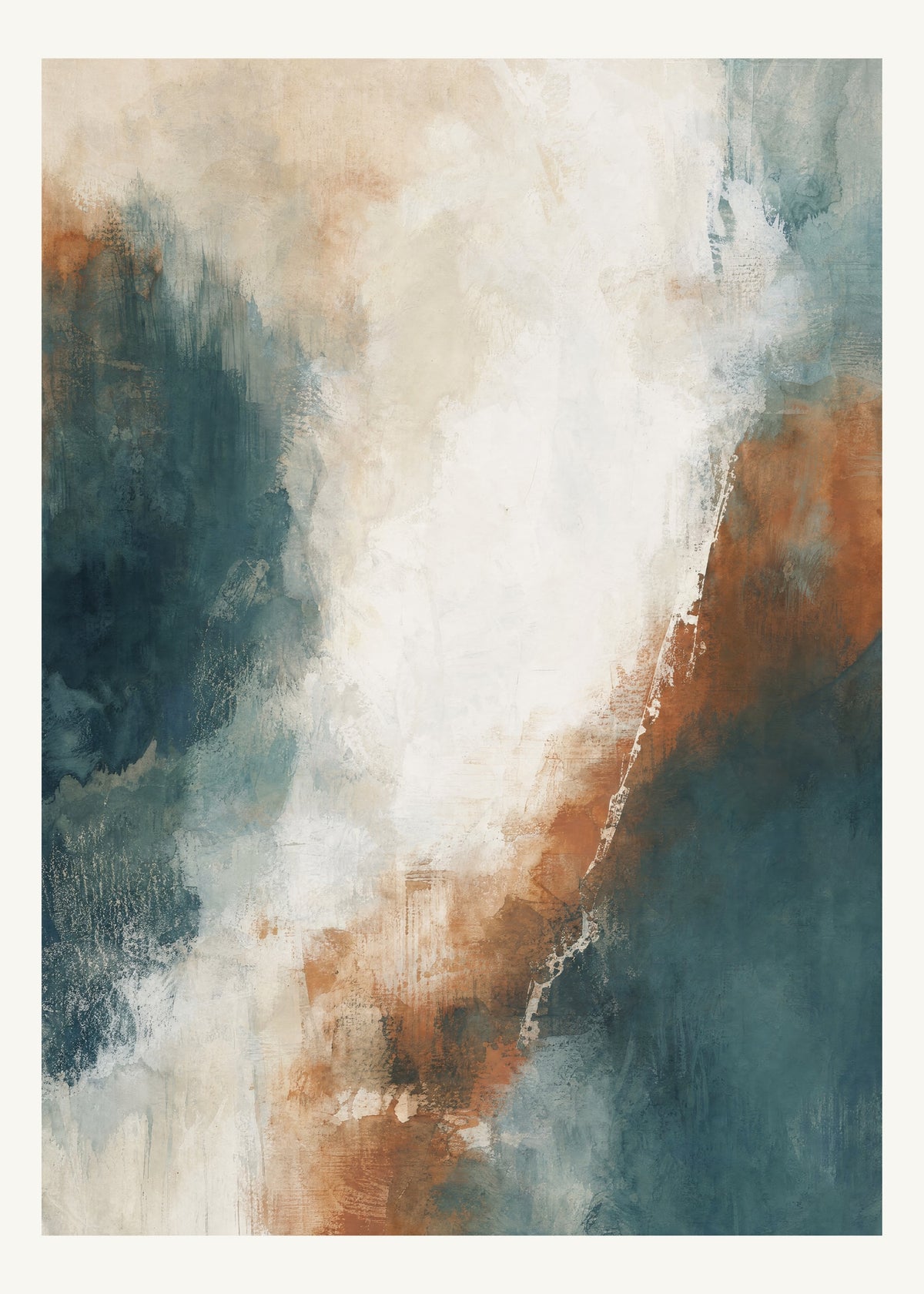 Abstrakt måleriskt motiv i vit/klarglas, pappersvitt, petroleum, bränd terrakotta. Mjuka färgfält löser upp sig kring ett ljust mellanrum, med diskreta skrapningar som ger ytan liv. 50 × 70 cm.