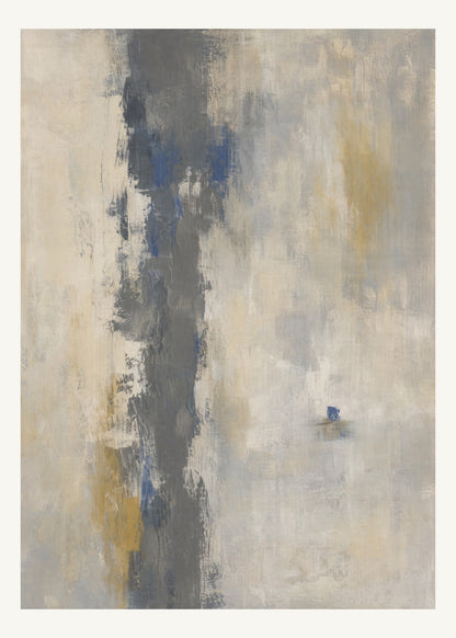Abstrakt måleriskt motiv i mörkgrå, kalkvitt, ultramarin, dämpad ockra. Ett brutet lodrätt färgstråk möter tunna utsuddade slöjor och en liten förskjuten accent. 50 × 70 cm.