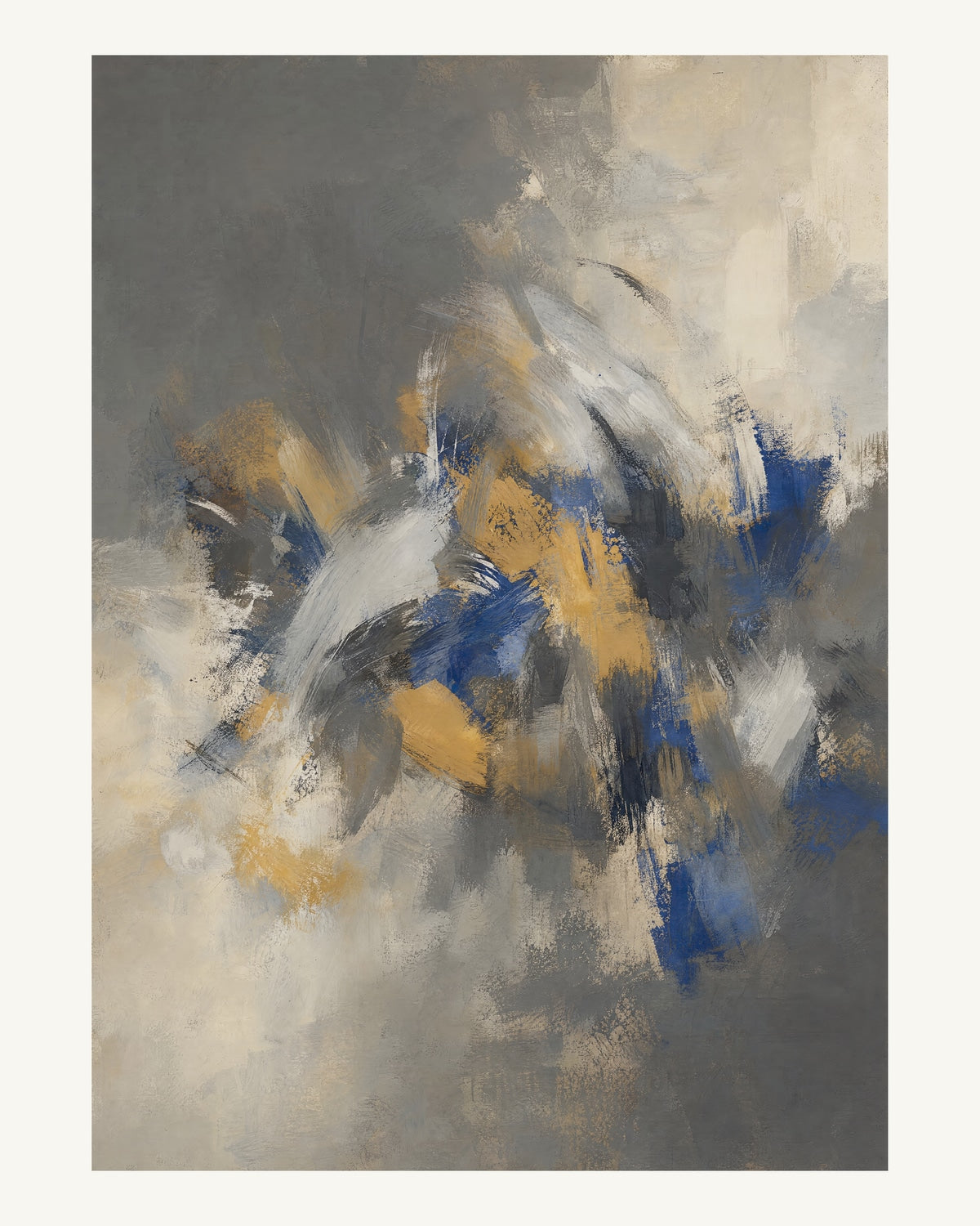 Abstrakt måleriskt motiv i mörkgrå, kalkvitt, ultramarin, dämpad ockra. Korta, torra penseldrag möter en bredare rörelse i en färgrik mittpunkt med luft runt omkring. 40 × 50 cm.