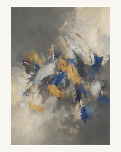 Abstrakt måleriskt motiv i mörkgrå, kalkvitt, ultramarin, dämpad ockra. Korta, torra penseldrag möter en bredare rörelse i en färgrik mittpunkt med luft runt omkring. 40 × 50 cm.