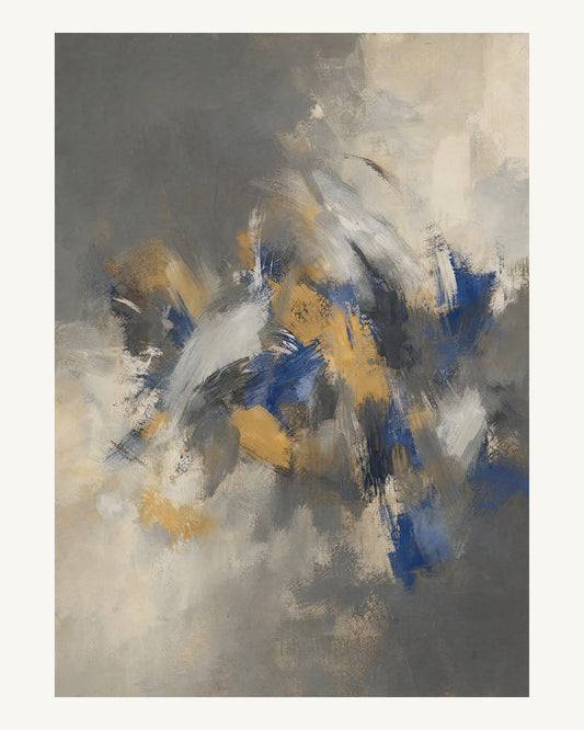 Abstrakt måleriskt motiv i mörkgrå, kalkvitt, ultramarin, dämpad ockra. Korta, torra penseldrag möter en bredare rörelse i en färgrik mittpunkt med luft runt omkring. 40 × 50 cm.