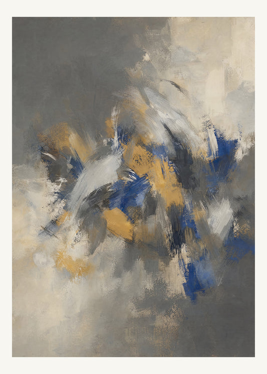 Abstrakt måleriskt motiv i mörkgrå, kalkvitt, ultramarin, dämpad ockra. Korta, torra penseldrag möter en bredare rörelse i en färgrik mittpunkt med luft runt omkring. 50 × 70 cm.