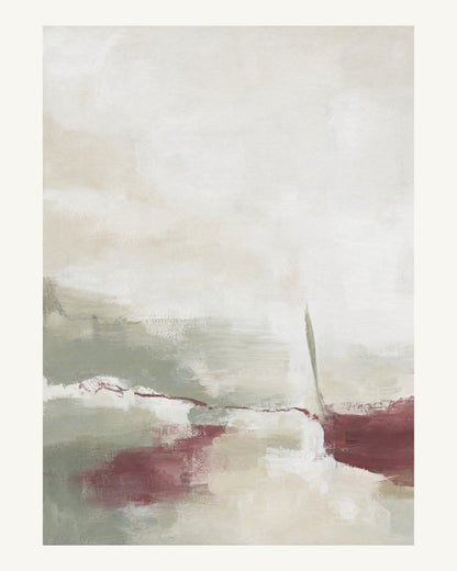 Abstrakt måleriskt motiv i vit, varm krita, vinrött, dämpad salvia. Breda, ojämna färglager möts kring en avbruten horisont och lämnar gott om ljus luft. 40 × 50 cm.