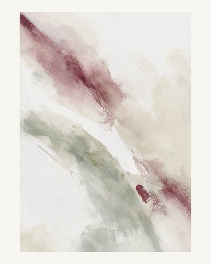 Abstrakt måleriskt motiv i vit, varm krita, vinrött, dämpad salvia. Tunna färgslöjor glider diagonalt över ljusa partier, med ett tätare färgavtryck som motvikt. 40 × 50 cm.
