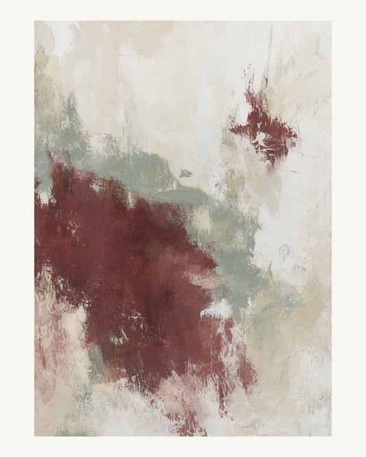 Abstrakt måleriskt motiv i vit, varm krita, vinrött, dämpad salvia. Ett fylligt, oregelbundet färgfält får tyngd av skrapade lager och bryts av ljusare öppningar. 40 × 50 cm.