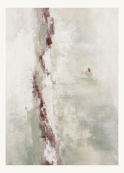 Abstrakt måleriskt motiv i vit, varm krita, vinrött, dämpad salvia. Ett brutet lodrätt färgstråk möter tunna utsuddade slöjor och en liten förskjuten accent. 50 × 70 cm.