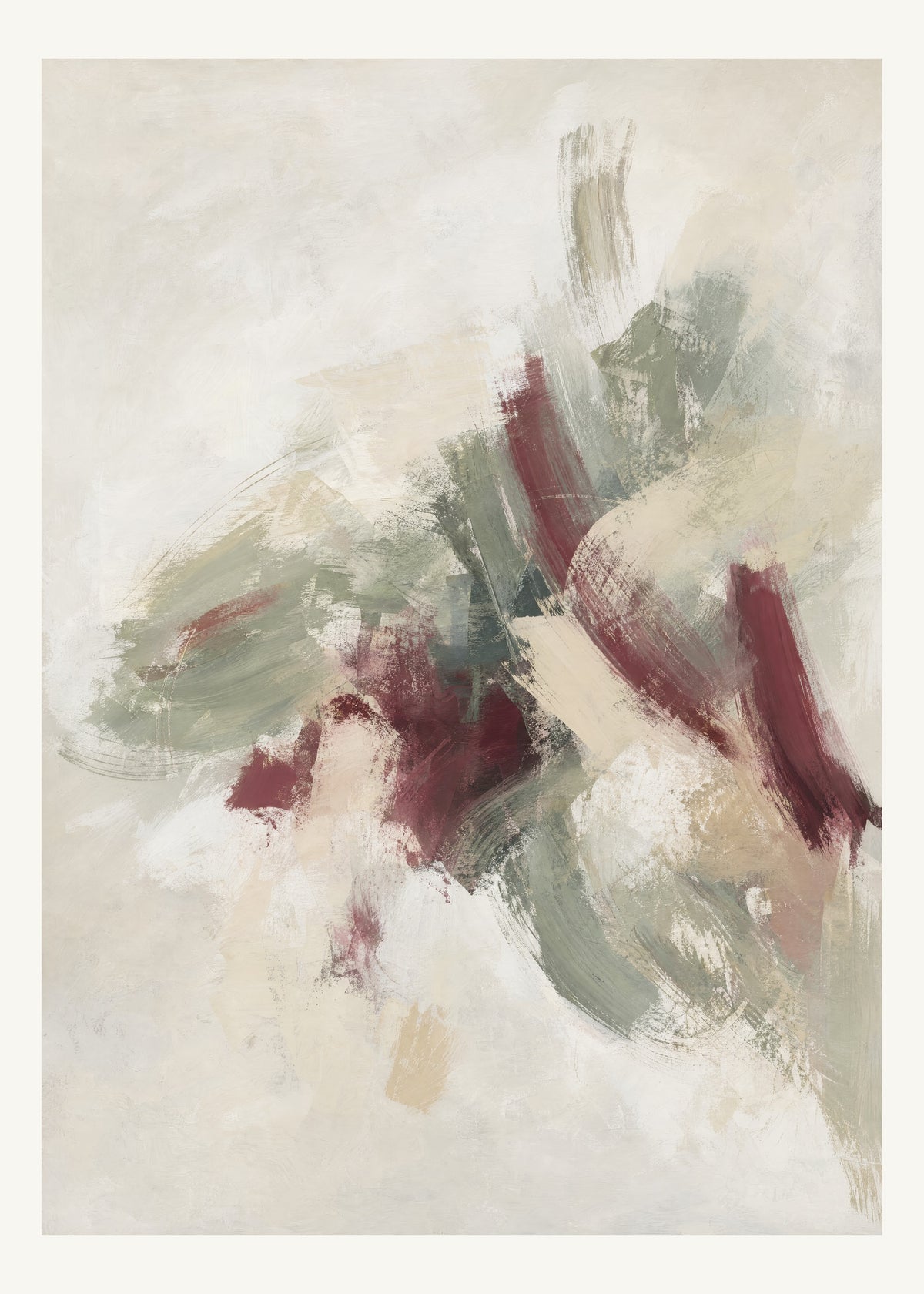 Abstrakt måleriskt motiv i vit, varm krita, vinrött, dämpad salvia. Korta, torra penseldrag möter en bredare rörelse i en färgrik mittpunkt med luft runt omkring. 50 × 70 cm.