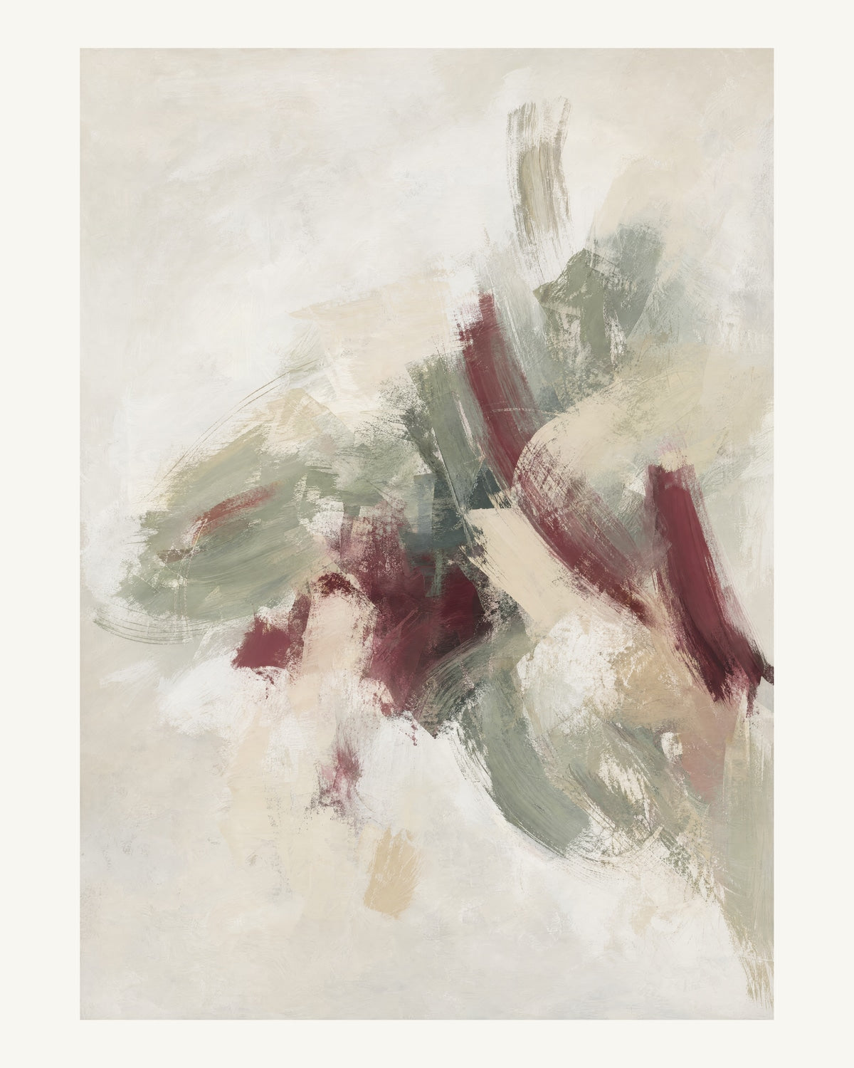Abstrakt måleriskt motiv i vit, varm krita, vinrött, dämpad salvia. Korta, torra penseldrag möter en bredare rörelse i en färgrik mittpunkt med luft runt omkring. 40 × 50 cm.