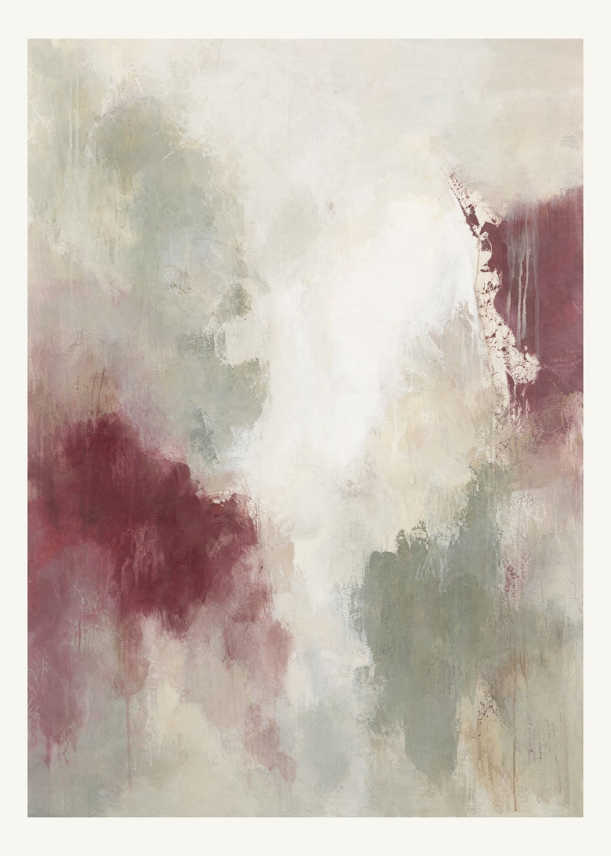 Abstrakt måleriskt motiv i vit, varm krita, vinrött, dämpad salvia. Mjuka färgfält löser upp sig kring ett ljust mellanrum, med diskreta skrapningar som ger ytan liv. 50 × 70 cm.