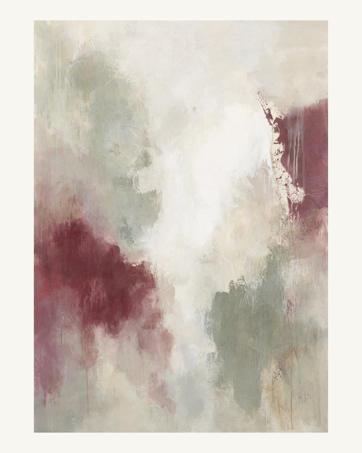Abstrakt måleriskt motiv i vit, varm krita, vinrött, dämpad salvia. Mjuka färgfält löser upp sig kring ett ljust mellanrum, med diskreta skrapningar som ger ytan liv. 40 × 50 cm.