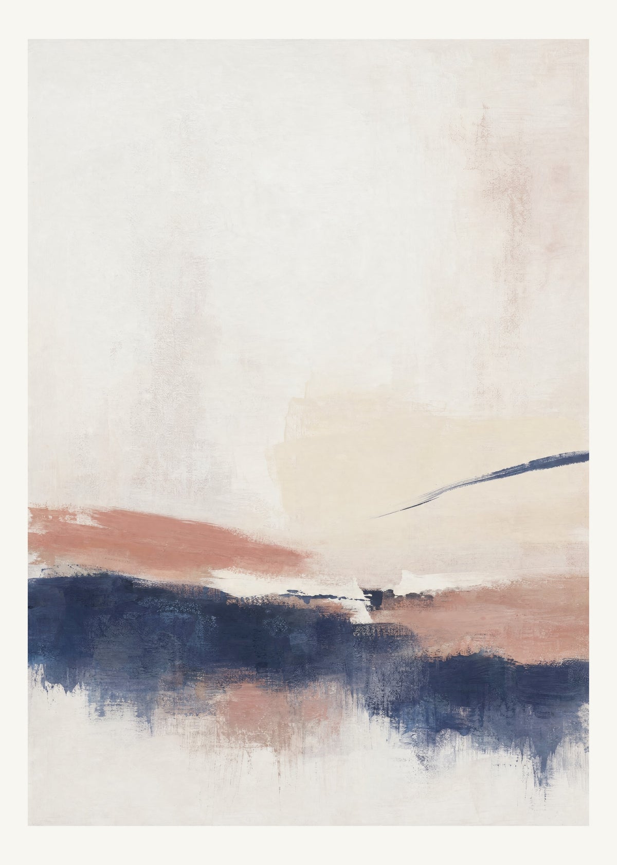 Abstrakt måleriskt motiv i vit ram, benvitt, djup indigo, lerrosa. Breda, ojämna färglager möts kring en avbruten horisont och lämnar gott om ljus luft. 50 × 70 cm.