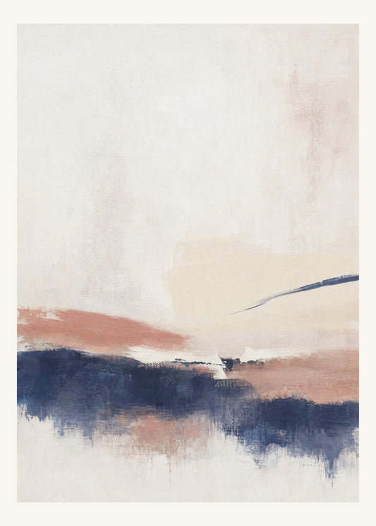 Abstrakt måleriskt motiv i vit ram, benvitt, djup indigo, lerrosa. Breda, ojämna färglager möts kring en avbruten horisont och lämnar gott om ljus luft. 50 × 70 cm.