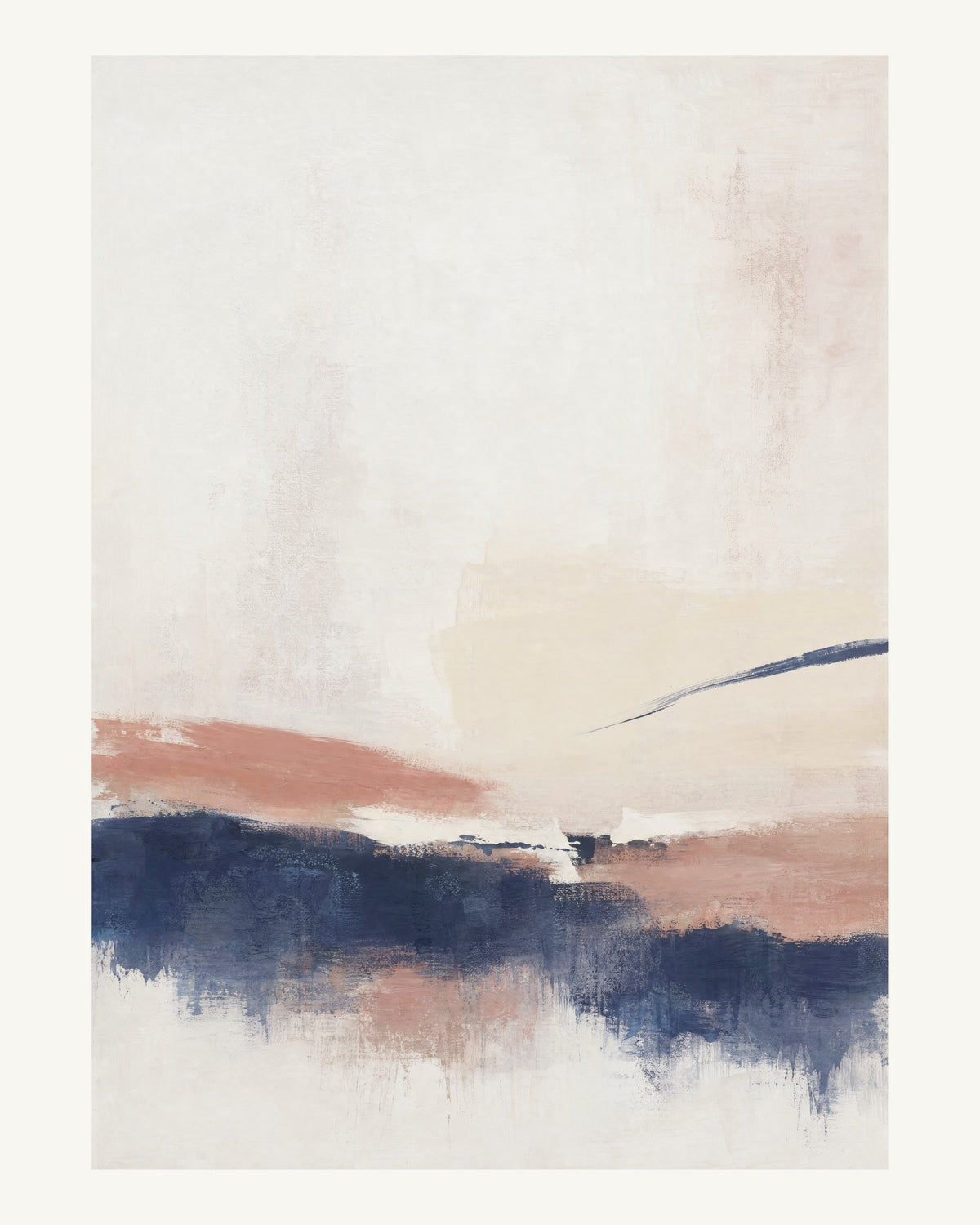 Abstrakt måleriskt motiv i vit ram, benvitt, djup indigo, lerrosa. Breda, ojämna färglager möts kring en avbruten horisont och lämnar gott om ljus luft. 40 × 50 cm.
