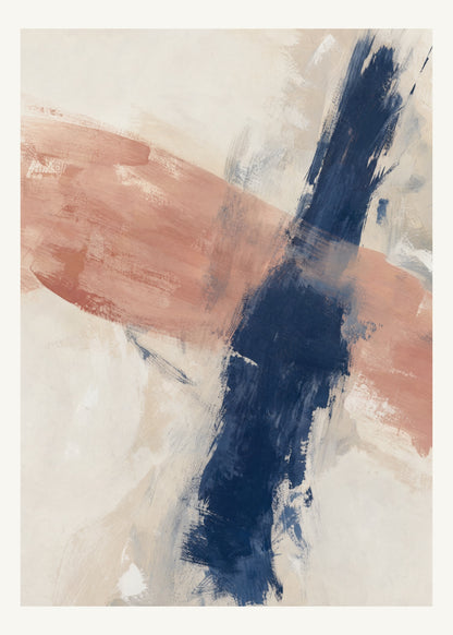 Abstrakt måleriskt motiv i vit ram, benvitt, djup indigo, lerrosa. Två olika penselrörelser möts i en öppen, asymmetrisk komposition med synliga underliggande färglager. 50 × 70 cm.