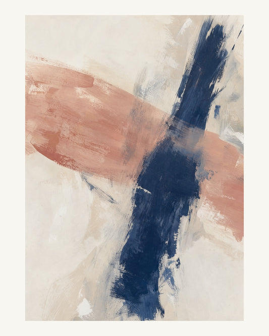 Abstrakt måleriskt motiv i vit ram, benvitt, djup indigo, lerrosa. Två olika penselrörelser möts i en öppen, asymmetrisk komposition med synliga underliggande färglager. 40 × 50 cm.