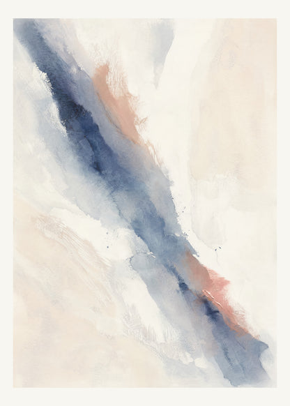 Abstrakt måleriskt motiv i vit ram, benvitt, djup indigo, lerrosa. Tunna färgslöjor glider diagonalt över ljusa partier, med ett tätare färgavtryck som motvikt. 50 × 70 cm.