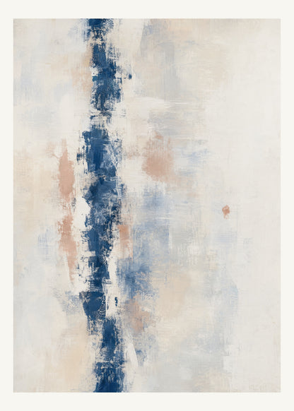 Abstrakt måleriskt motiv i vit ram, benvitt, djup indigo, lerrosa. Ett brutet lodrätt färgstråk möter tunna utsuddade slöjor och en liten förskjuten accent. 50 × 70 cm.