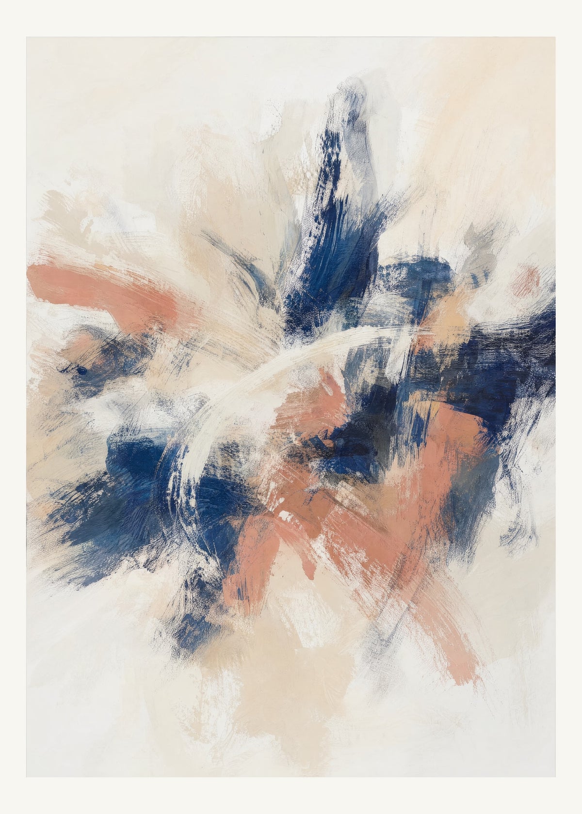 Abstrakt måleriskt motiv i vit ram, benvitt, djup indigo, lerrosa. Korta, torra penseldrag möter en bredare rörelse i en färgrik mittpunkt med luft runt omkring. 50 × 70 cm.