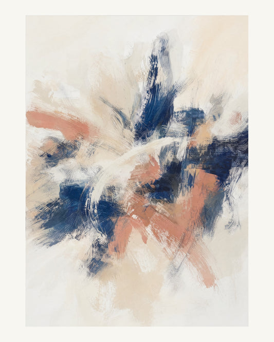 Abstrakt måleriskt motiv i vit ram, benvitt, djup indigo, lerrosa. Korta, torra penseldrag möter en bredare rörelse i en färgrik mittpunkt med luft runt omkring. 40 × 50 cm.
