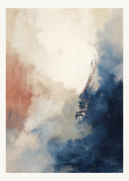 Abstrakt måleriskt motiv i vit ram, benvitt, djup indigo, lerrosa. Mjuka färgfält löser upp sig kring ett ljust mellanrum, med diskreta skrapningar som ger ytan liv. 50 × 70 cm.