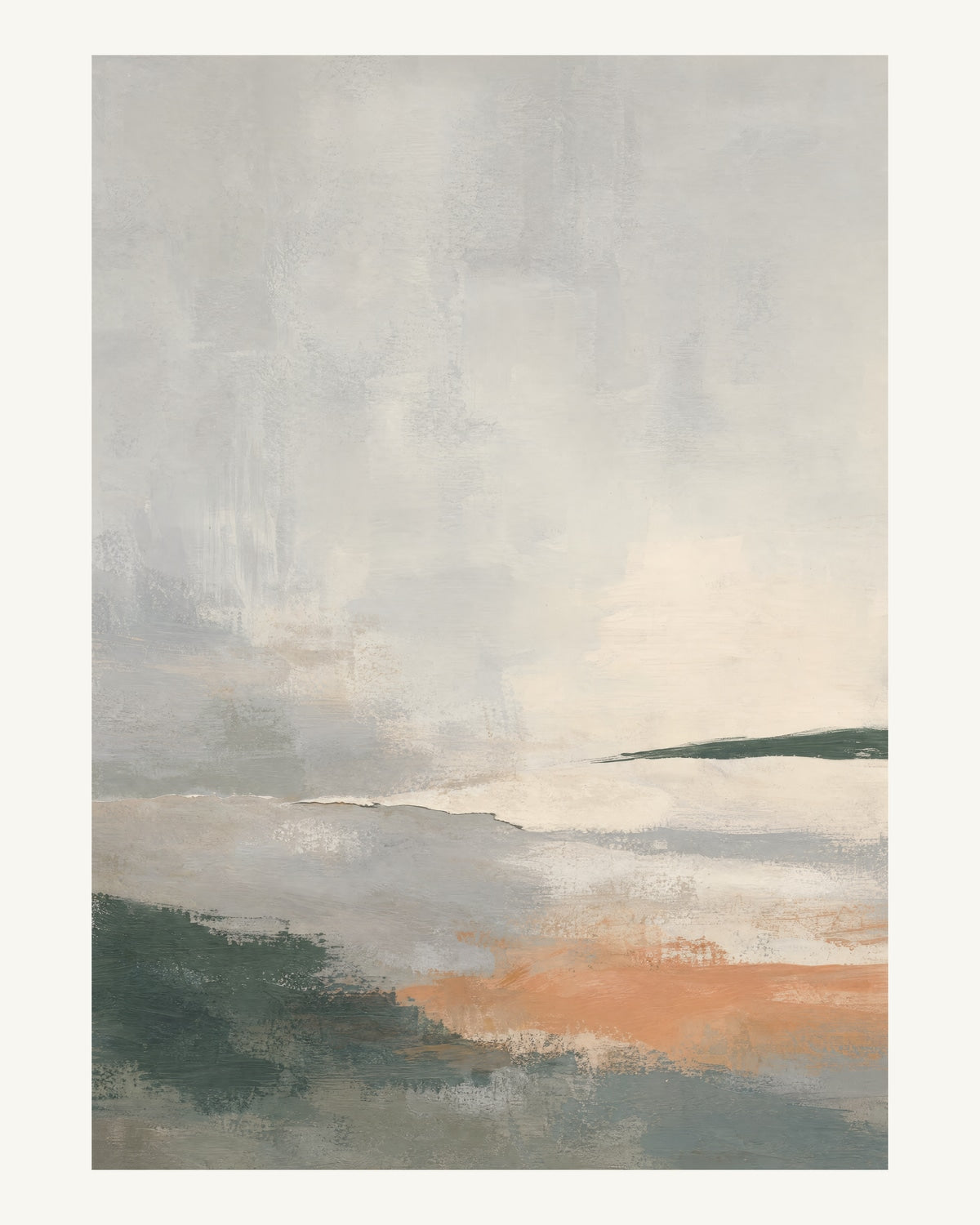 Abstrakt måleriskt motiv i ljusgrå, ljus kalk, skogsskugga, aprikos. Breda, ojämna färglager möts kring en avbruten horisont och lämnar gott om ljus luft. 40 × 50 cm.