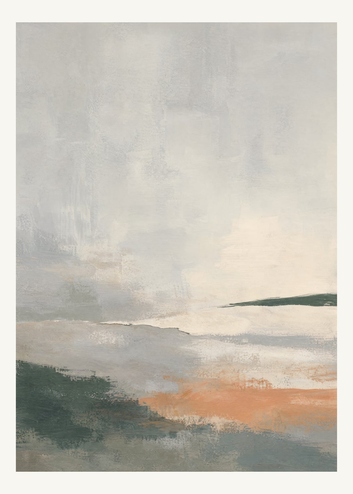 Abstrakt måleriskt motiv i ljusgrå, ljus kalk, skogsskugga, aprikos. Breda, ojämna färglager möts kring en avbruten horisont och lämnar gott om ljus luft. 50 × 70 cm.