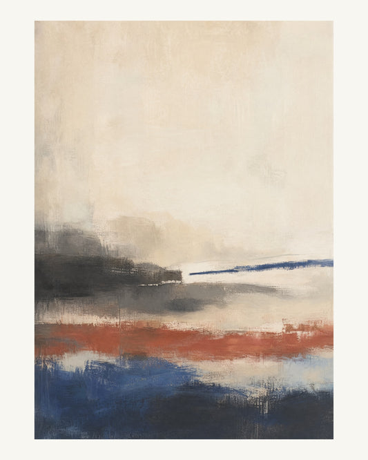 Abstrakt måleriskt motiv i svartlaserad, varmt elfenben, kobolt, tegelrött. Breda, ojämna färglager möts kring en avbruten horisont och lämnar gott om ljus luft. 40 × 50 cm.