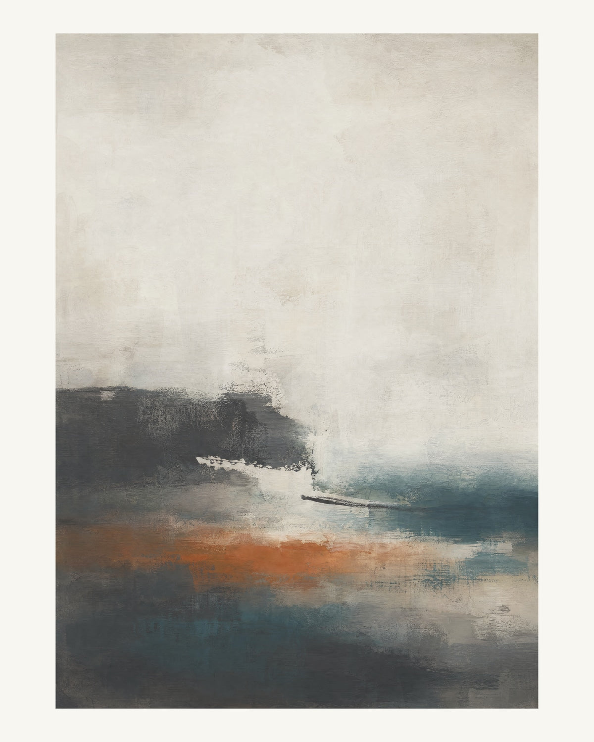 Abstrakt måleriskt motiv i matt yta antracit, pappersvitt, petroleum, bränd terrakotta. Breda, ojämna färglager möts kring en avbruten horisont och lämnar gott om ljus luft. 40 × 50 cm.