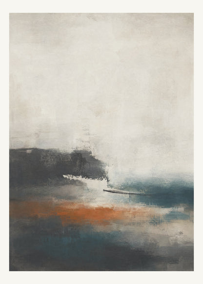 Abstrakt måleriskt motiv i matt yta antracit, pappersvitt, petroleum, bränd terrakotta. Breda, ojämna färglager möts kring en avbruten horisont och lämnar gott om ljus luft. 50 × 70 cm.