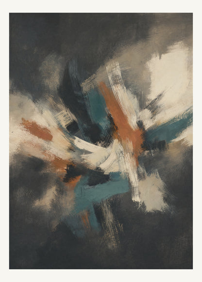 Abstrakt måleriskt motiv i matt yta antracit, pappersvitt, petroleum, bränd terrakotta. Korta, torra penseldrag möter en bredare rörelse i en färgrik mittpunkt med luft runt omkring. 50 × 70 cm.
