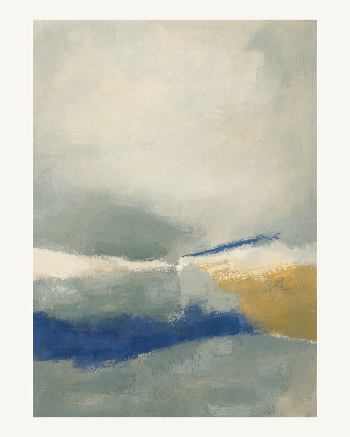 Abstrakt måleriskt motiv i matt yta grågrön, kalkvitt, ultramarin, dämpad ockra. Breda, ojämna färglager möts kring en avbruten horisont och lämnar gott om ljus luft. 40 × 50 cm.