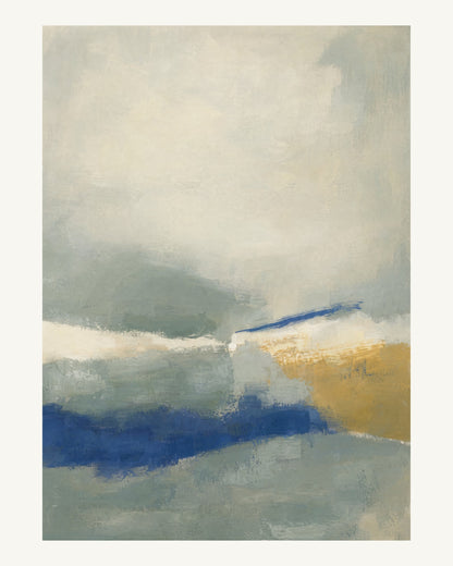 Abstrakt måleriskt motiv i matt yta grågrön, kalkvitt, ultramarin, dämpad ockra. Breda, ojämna färglager möts kring en avbruten horisont och lämnar gott om ljus luft. 40 × 50 cm.