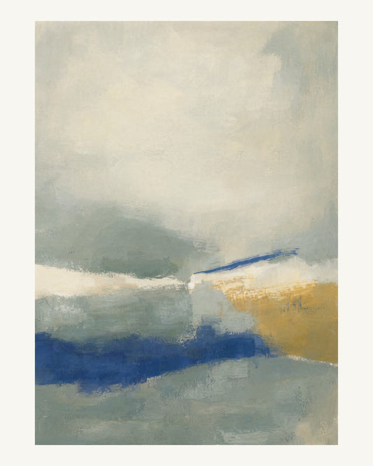 Abstrakt måleriskt motiv i matt yta grågrön, kalkvitt, ultramarin, dämpad ockra. Breda, ojämna färglager möts kring en avbruten horisont och lämnar gott om ljus luft. 40 × 50 cm.