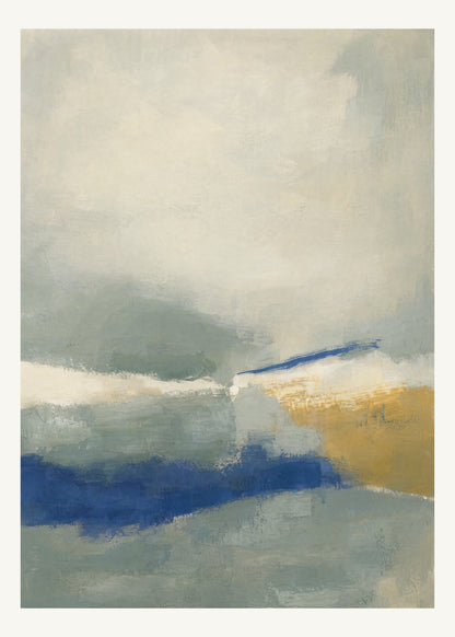 Abstrakt måleriskt motiv i matt yta grågrön, kalkvitt, ultramarin, dämpad ockra. Breda, ojämna färglager möts kring en avbruten horisont och lämnar gott om ljus luft. 50 × 70 cm.