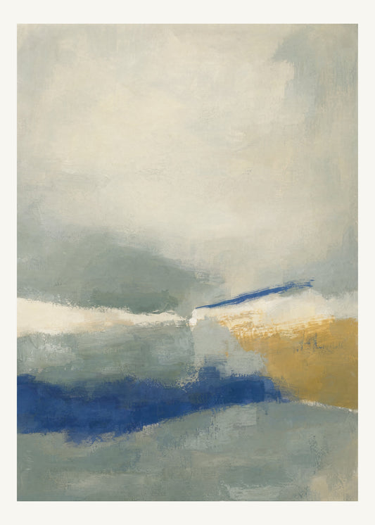Abstrakt måleriskt motiv i matt yta grågrön, kalkvitt, ultramarin, dämpad ockra. Breda, ojämna färglager möts kring en avbruten horisont och lämnar gott om ljus luft. 50 × 70 cm.