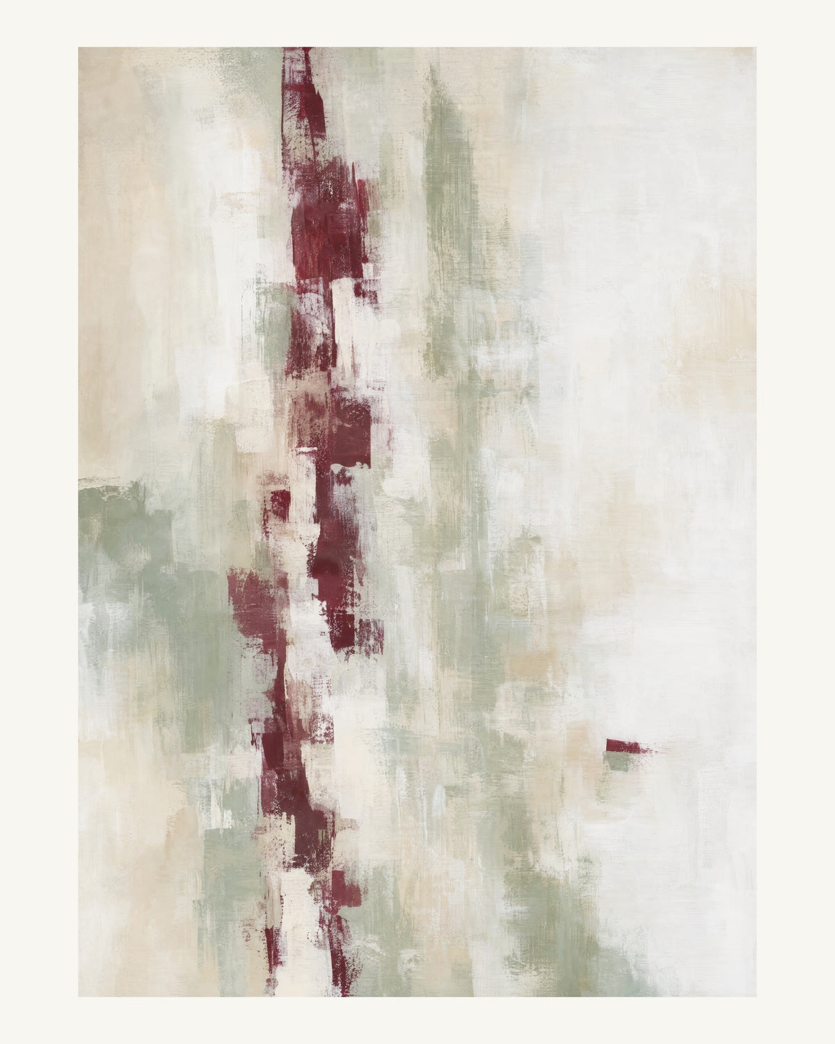 Abstrakt måleriskt motiv i högglans vit, varm krita, vinrött, dämpad salvia. Ett brutet lodrätt färgstråk möter tunna utsuddade slöjor och en liten förskjuten accent. 40 × 50 cm.