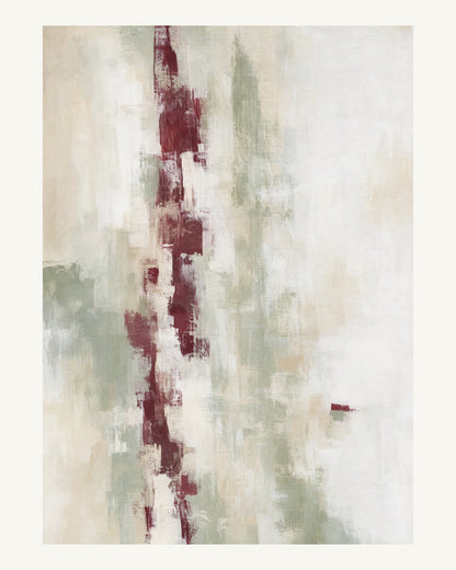 Abstrakt måleriskt motiv i högglans vit, varm krita, vinrött, dämpad salvia. Ett brutet lodrätt färgstråk möter tunna utsuddade slöjor och en liten förskjuten accent. 40 × 50 cm.