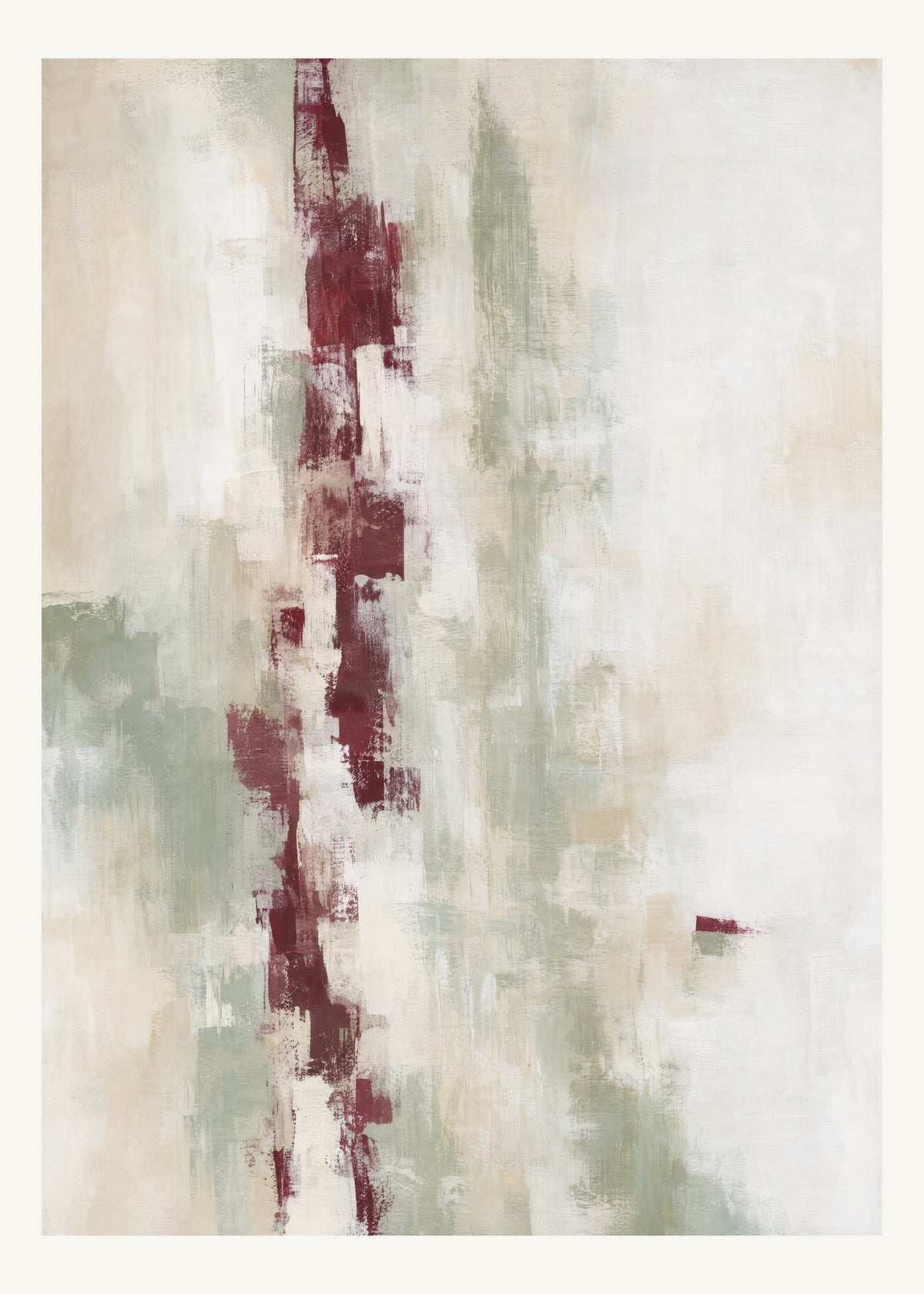 Abstrakt måleriskt motiv i högglans vit, varm krita, vinrött, dämpad salvia. Ett brutet lodrätt färgstråk möter tunna utsuddade slöjor och en liten förskjuten accent. 50 × 70 cm.