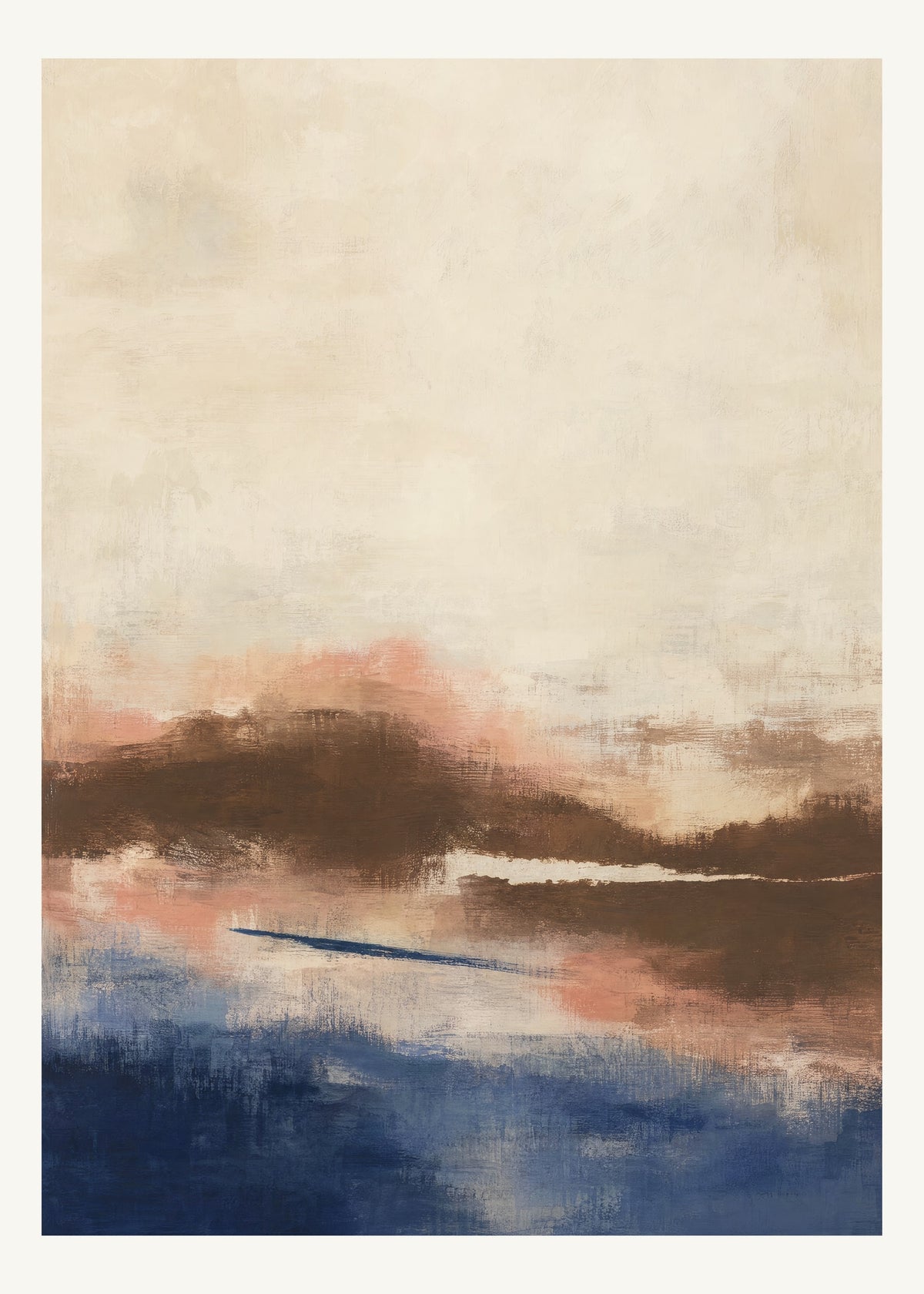 Abstrakt måleriskt motiv i brun, benvitt, djup indigo, lerrosa. Breda, ojämna färglager möts kring en avbruten horisont och lämnar gott om ljus luft. 50 × 70 cm.