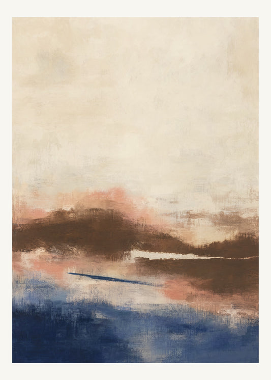 Abstrakt måleriskt motiv i brun, benvitt, djup indigo, lerrosa. Breda, ojämna färglager möts kring en avbruten horisont och lämnar gott om ljus luft. 50 × 70 cm.