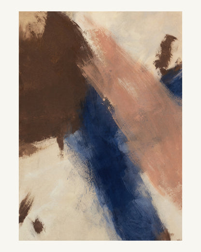 Abstrakt måleriskt motiv i brun, benvitt, djup indigo, lerrosa. Två olika penselrörelser möts i en öppen, asymmetrisk komposition med synliga underliggande färglager. 40 × 50 cm.