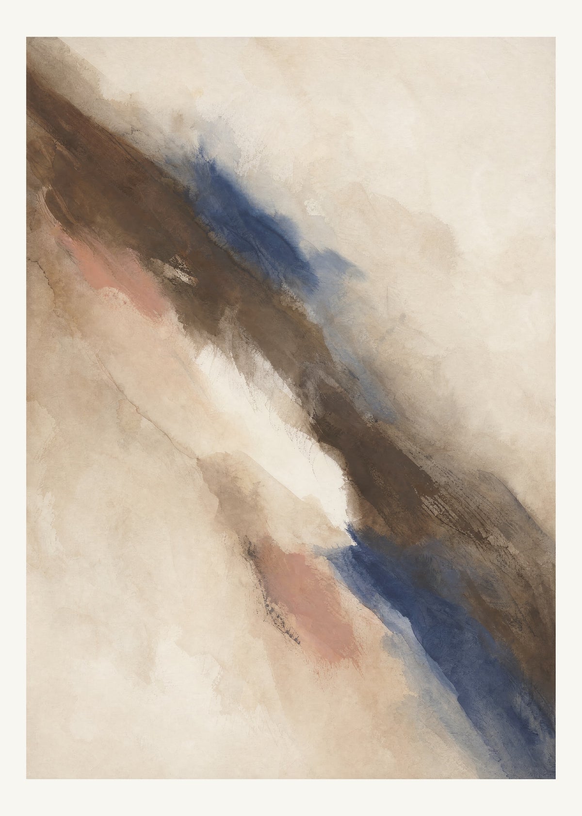 Abstrakt måleriskt motiv i brun, benvitt, djup indigo, lerrosa. Tunna färgslöjor glider diagonalt över ljusa partier, med ett tätare färgavtryck som motvikt. 50 × 70 cm.