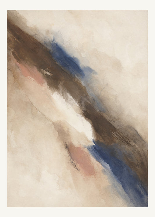Abstrakt måleriskt motiv i brun, benvitt, djup indigo, lerrosa. Tunna färgslöjor glider diagonalt över ljusa partier, med ett tätare färgavtryck som motvikt. 50 × 70 cm.