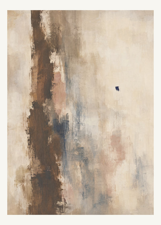 Abstrakt måleriskt motiv i brun, benvitt, djup indigo, lerrosa. Ett brutet lodrätt färgstråk möter tunna utsuddade slöjor och en liten förskjuten accent. 50 × 70 cm.
