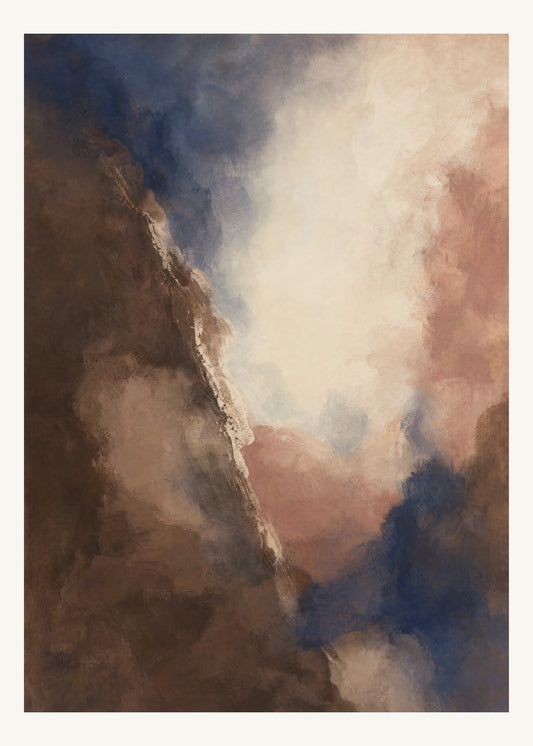 Abstrakt måleriskt motiv i brun, benvitt, djup indigo, lerrosa. Mjuka färgfält löser upp sig kring ett ljust mellanrum, med diskreta skrapningar som ger ytan liv. 50 × 70 cm.