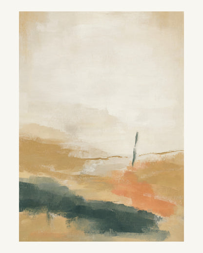 Abstrakt måleriskt motiv i ekfaner, ljus kalk, skogsskugga, aprikos. Breda, ojämna färglager möts kring en avbruten horisont och lämnar gott om ljus luft. 40 × 50 cm.